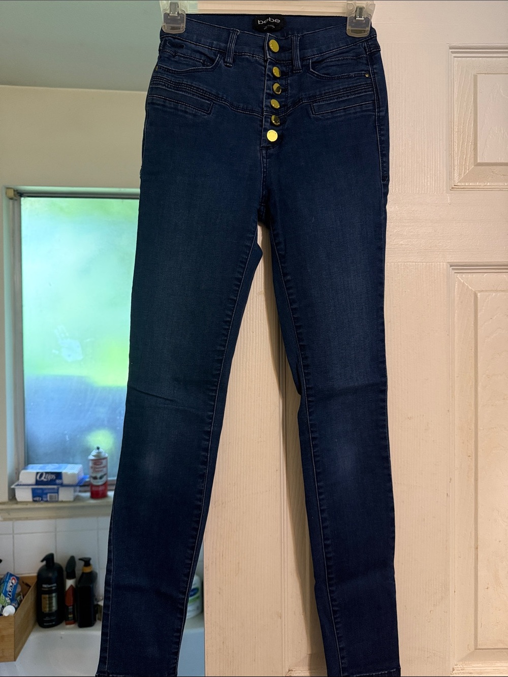 bebe Dark Blue High-Rise Skinny Jeans with Button Fly